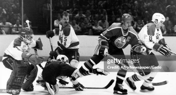 Photograph of the Washington Capitals hockey team during a game, 1980.