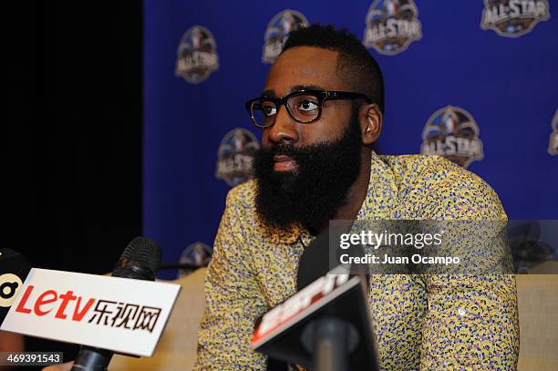 James Harden of the Houston Rockets answers questions during NBA All Star Press Conferences and Media Availability as part of 2014 All-Star Weekend...