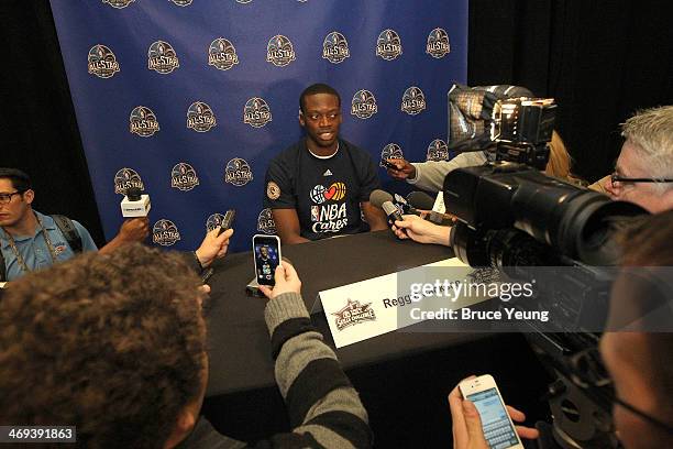 Reggie Jackson of the Oklahoma City Thunder answers questions during NBA All Star Press Conferences and Media Availability as part of 2014 All-Star...