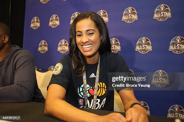 Skylar Diggins of the Tulsa Shock answers questions during NBA All Star Press Conferences and Media Availability as part of 2014 All-Star Weekend at...