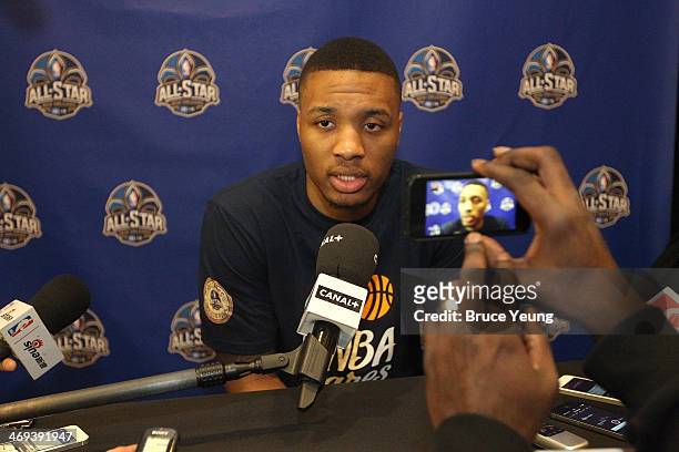 Damian Lillard of the Portland Trail Blazers answers questions during NBA All Star Press Conferences and Media Availability as part of 2014 All-Star...