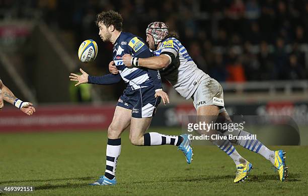 Danny Cipriani of Sale attempts to move away from Jacques Burger of Saracens during the Aviva Premiership match between Sale Sharks and Saracens at...