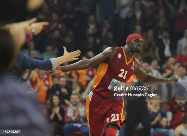 Pops Mensah-Bonsu, #21 of Galatasaray Liv Hospital Istanbul celebrates during the 2013-2014 Turkish Airlines Euroleague Top 16 Date 6 game between...