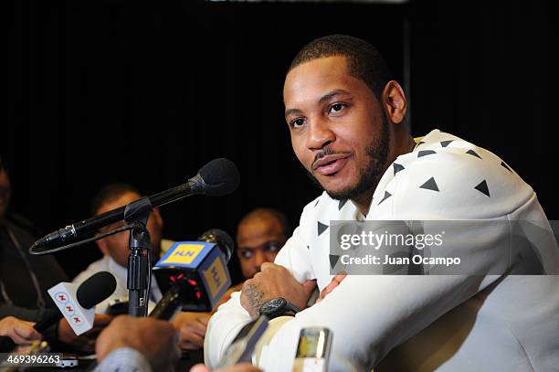 Carmelo Anthony of the New York Knicks answers questions during NBA All Star Press Conferences and Media Availability as part of 2014 All-Star...