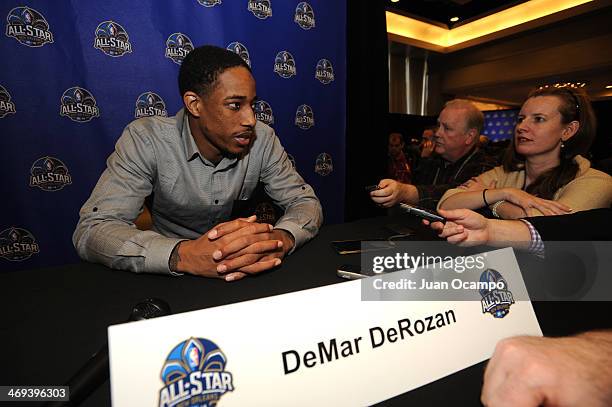 DeMar DeRozan of the Toronto Raptors answers questions during NBA All Star Press Conferences and Media Availability as part of 2014 All-Star Weekend...
