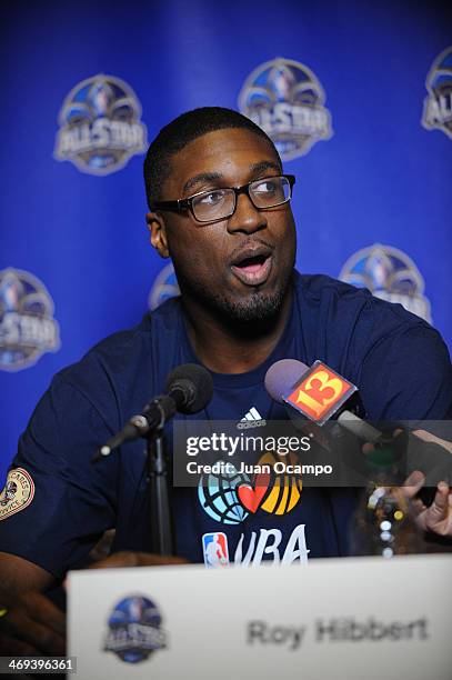 Roy Hibbert of the Indiana Pacers answers questions during NBA All Star Press Conferences and Media Availability as part of 2014 All-Star Weekend at...