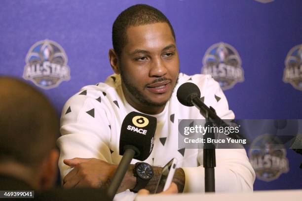 Carmelo Anthony of the New York Knicks answers questions during NBA All Star Press Conferences and Media Availability as part of 2014 All-Star...