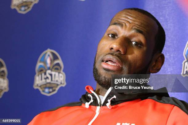 LeBron James of the Miami Heat answers questions during NBA All Star Press Conferences and Media Availability as part of 2014 All-Star Weekend at the...