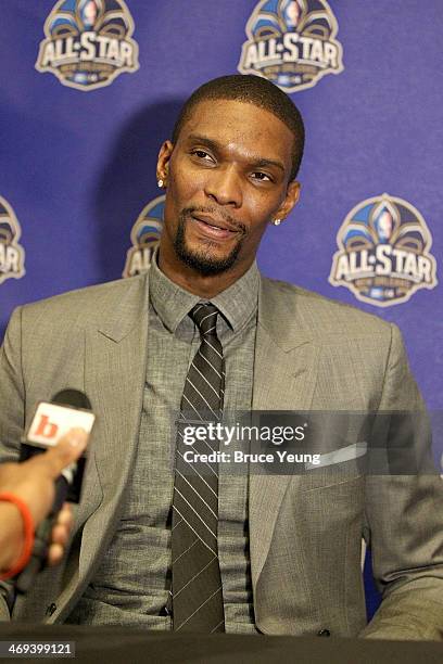 Chris Bosh of the Miami Heat answers questions during NBA All Star Press Conferences and Media Availability as part of 2014 All-Star Weekend at the...