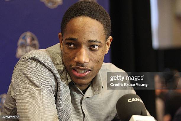 DeMar DeRozan of the Toronto Raptors answers questions during NBA All Star Press Conferences and Media Availability as part of 2014 All-Star Weekend...