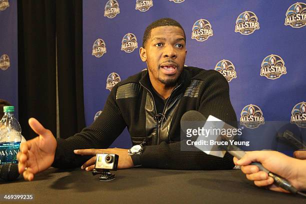 Joe Johnson of the Brooklyn Nets answers questions during NBA All Star Press Conferences and Media Availability as part of 2014 All-Star Weekend at...