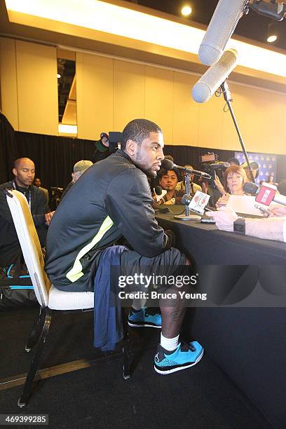 Kyrie Irving of the Cleveland Cavaliers answers questions during NBA All Star Press Conferences and Media Availability as part of 2014 All-Star...