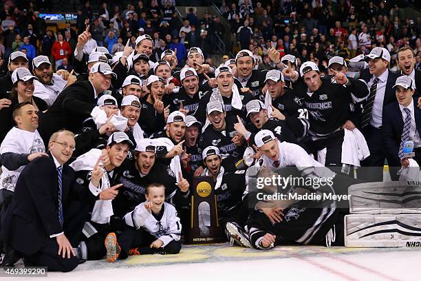 The Providence Friars celebrate after the 2015 NCAA Division I Men's Hockey Championships at TD Garden on April 11, 2015 in Boston, Massachusetts.The...