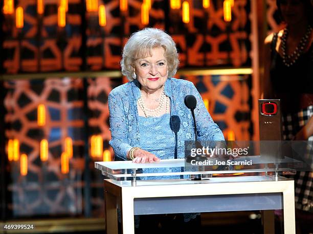 Actress Betty White speaks onstage during the 2015 TV Land Awards at Saban Theatre on April 11, 2015 in Beverly Hills, California.