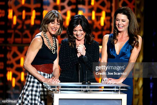 Actors Wendie Malick, Valerie Bertinelli and Jane Leeves speak onstage during the 2015 TV Land Awards at Saban Theatre on April 11, 2015 in Beverly...