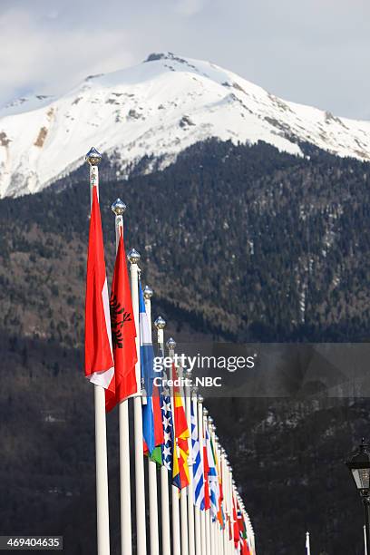 Women's Alpine Skiing Super Combined" -- Pictured: Flags during the Women's Alpine Skiing Super Combined on February 10, 2014 during the XXII Olympic...