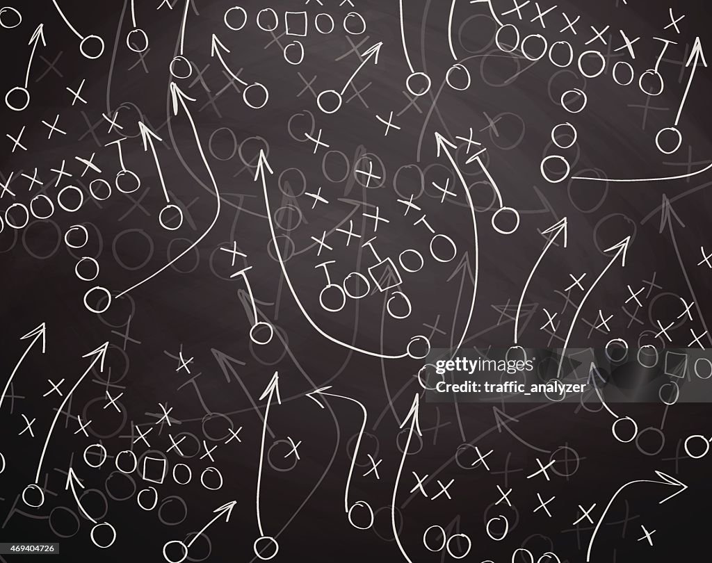 Football play drawn out on a chalk board