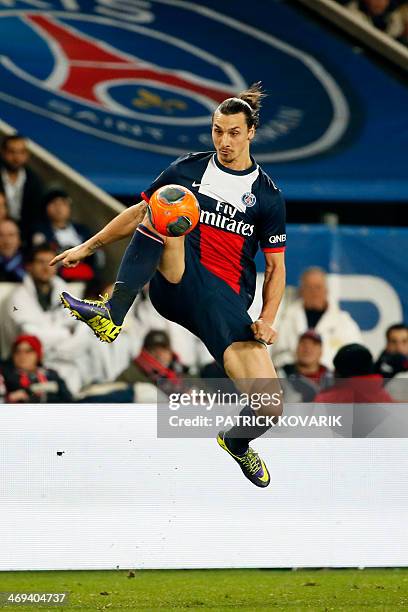 Paris' Swedish forward Zlatan Ibrahimovic controls the ball during the French L1 football match between Paris Saint-Germain and Valenciennes on...