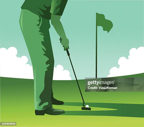 golf putting green-mit flagge und wolken - einlochen golf stock-grafiken, -clipart, -cartoons und -symbole