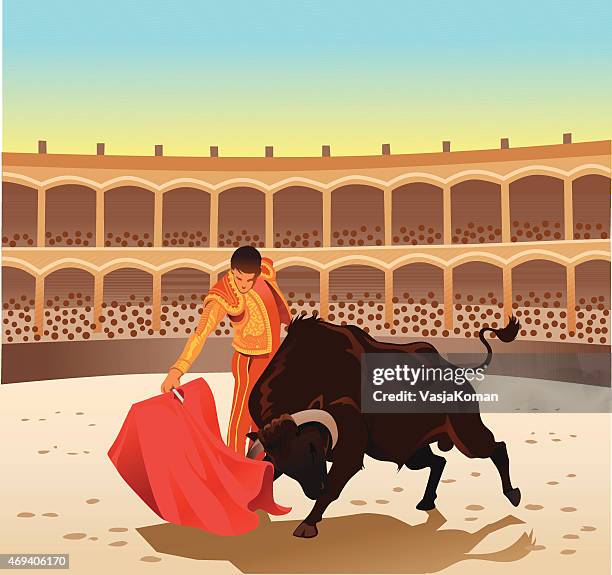 stockillustraties, clipart, cartoons en iconen met bullfighting - matador and bull contesting in the arena - spaanse cultuur