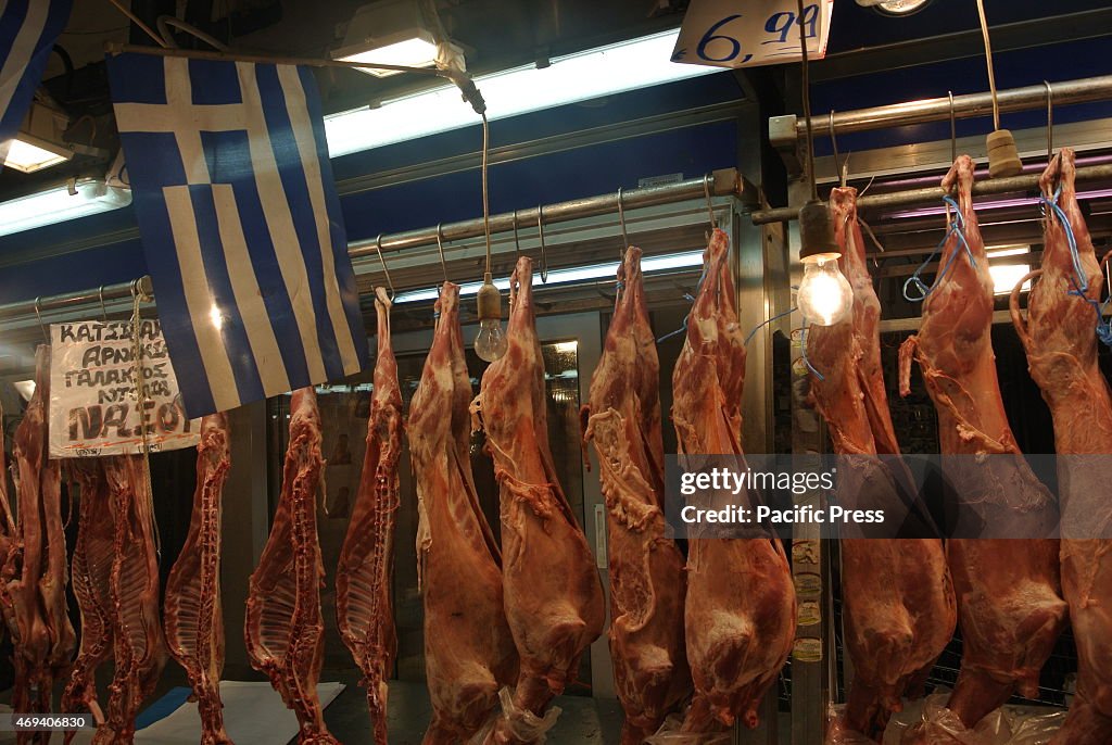 Greek Meat Rack Greek people visit the Varvakios Central meat market of Athens to ...