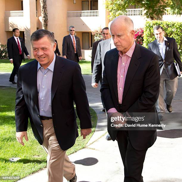 His Majesty King Abdullah II of Jordan and California Governor Jerry Brown meet in Rancho Mirage, California, February 14, 2014. King Abdullah was in...