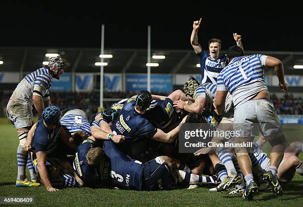 Marc Jones of Sale scores his teams first try during the Aviva Premiership match between Sale Sharks and Saracens at the AJ Bell Stadium on February...