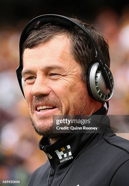 Mark Harvey the assistant coach at the Bombers talks to the media during the round two AFL match between the Essendon Bombers and the Hawthorn Hawks...