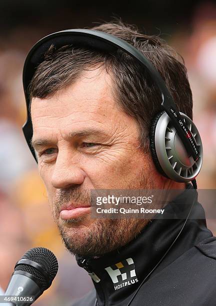 Mark Harvey the assistant coach at the Bombers talks to the media during the round two AFL match between the Essendon Bombers and the Hawthorn Hawks...