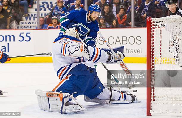 Alexander Edler of the Vancouver Canucks scores the game winning goal in overtime against goalie Ben Scrivens of the Edmonton Oilers to win 6-5 in...