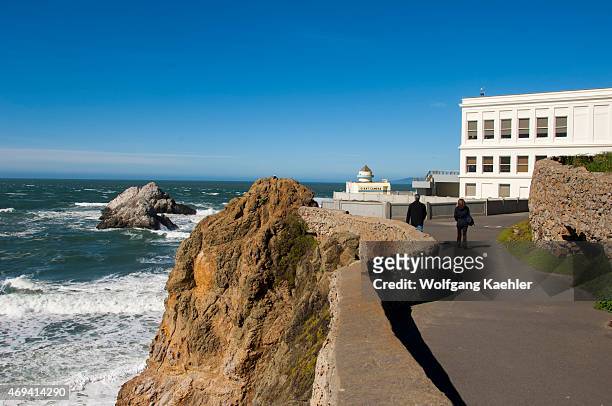 View of the coastline with the Cliff House restaurant outside of San Francisco, California, USA.