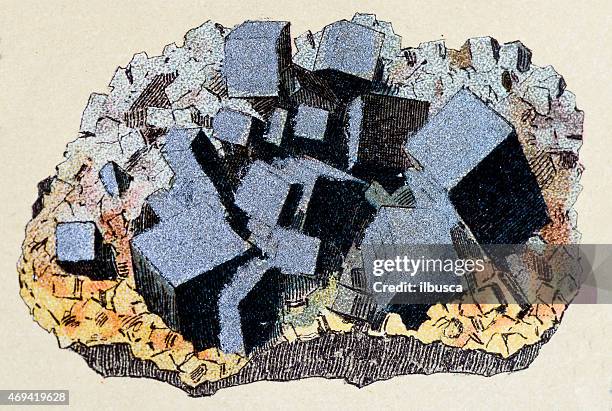 galena (lead glance), mineral stone antique illustration - iron ore stock illustrations