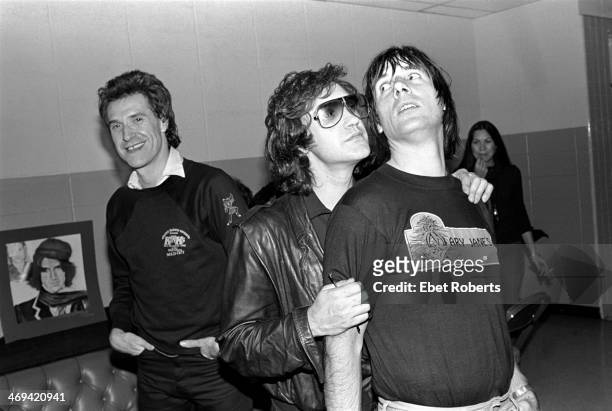 The Kinks backstage at Nassau Coliseum in Uniondale, Long Island, NY on October 26, 1980. L-R Ray Davies, Dave Davies and Mick Avory.