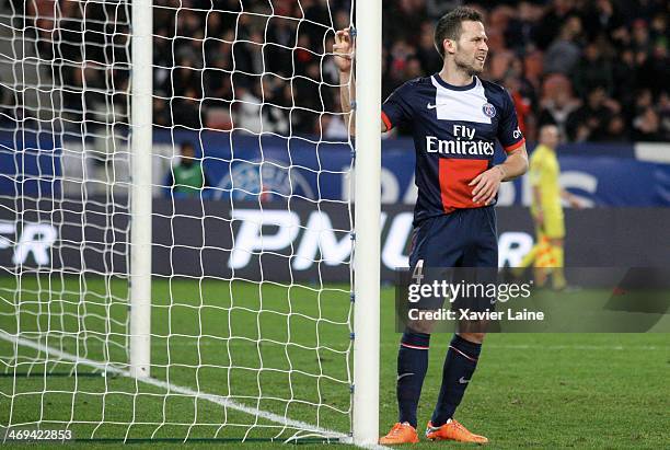 Yohan Cabaye of Paris Saint-Germain reacts during the French Ligue 1 between Paris Saint-Germain FC and Valenciennes VAFC at Parc Des Princes on...