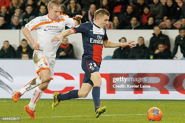 Rudy Mater of Valenciennes VAFC and Lucas Digne of Paris Saint-Germain in action during the French Ligue 1 between Paris Saint-Germain FC and...