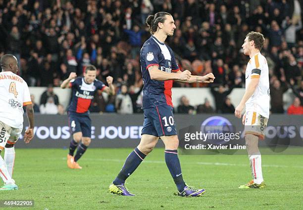 Zlatan Ibrahimovic of Paris Saint-Germain celebrates his goal during the French Ligue 1 between Paris Saint-Germain FC and Valenciennes VAFC at Parc...
