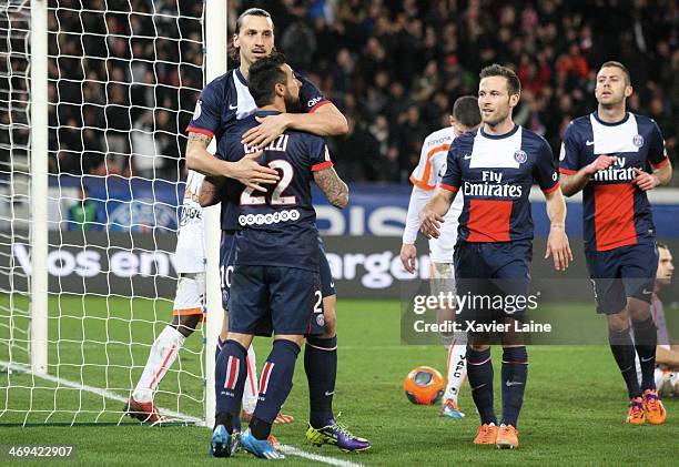 Zlatan Ibrahimovic of Paris Saint-Germain celebrates his goal with Ezequiel Lavezzi, Yohan Cabaye and Jeremy Menez during the French Ligue 1 between...