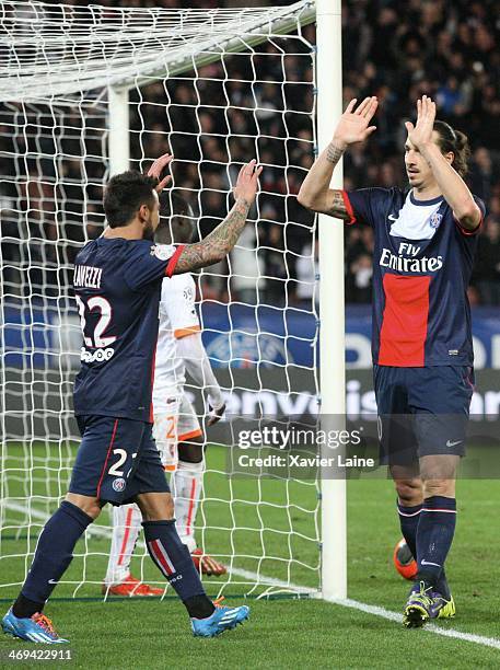 Zlatan Ibrahimovic of Paris Saint-Germain celebrates his goal with Ezequiel Lavezzi during the French Ligue 1 between Paris Saint-Germain FC and...