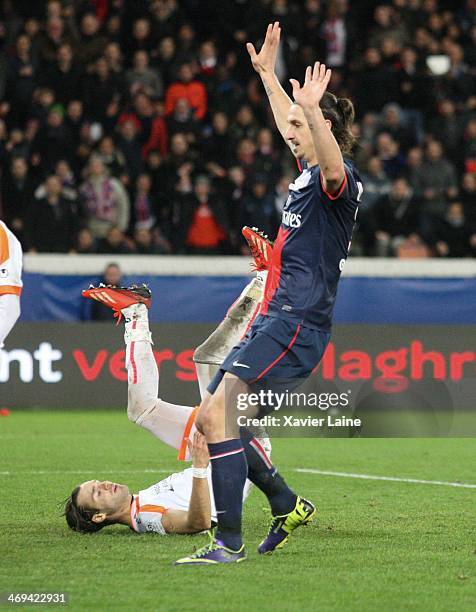 Zlatan Ibrahimovic of Paris Saint-Germain celebrates his goal as Gary Kagelmacher of Valenciennes VAFC falls to the turf during the French Ligue 1...