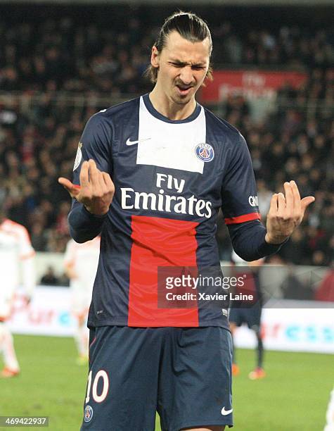 Zlatan Ibrahimovic of Paris Saint-Germain reacts during the French Ligue 1 between Paris Saint-Germain FC and Valenciennes VAFC at Parc Des Princes...