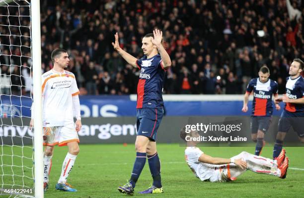 Zlatan Ibrahimovic of Paris Saint-Germain celebrates his goal during the French Ligue 1 between Paris Saint-Germain FC and Valenciennes VAFC at Parc...