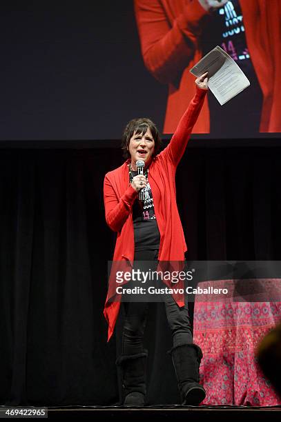 Playwright Eve Ensler speaks onstage at the JUSTLOVE event as part of the global ONE BILLION RISING FOR JUSTICE campaign to end violence against...