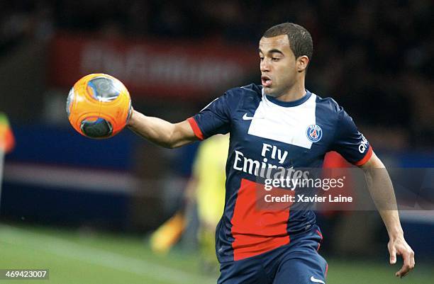 Lucas Moura of Paris Saint-Germain in action during the French Ligue 1 between Paris Saint-Germain FC and Valenciennes VAFC at Parc Des Princes on...