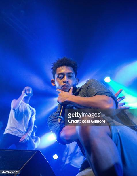 Jordan "Rizzle" Stephens and Harley "Sylvester" Alexander-Sule of Rizzle Kicks perform on stage at O2 Academy on February 14, 2014 in Glasgow, United...