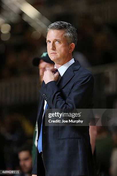 Personality Bill Simmons Coach of the West Team reacts to a play during the Sprint NBA All-Star Celebrity Game at Sprint Arena during the 2014 NBA...