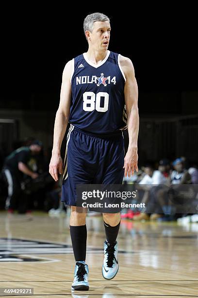 United States Secretary of Education Arne Duncan participates in the NBA All-Star Celebrity Game 2014 at New Orleans Arena on February 14, 2014 in...