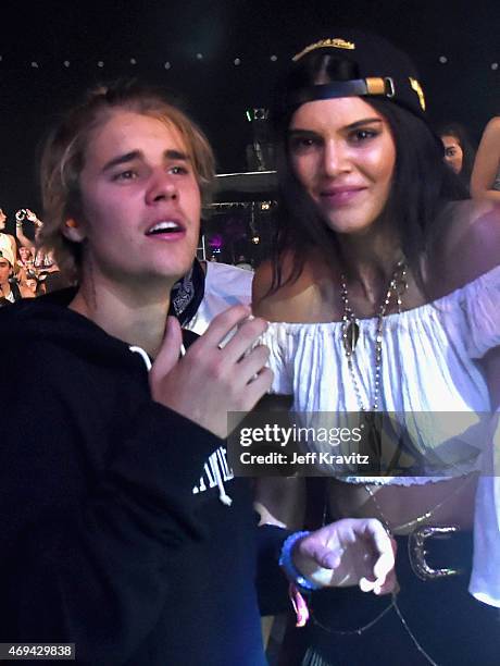 Singer Justin Bieber and model Kendall Jenner in the audience during day 2 of the 2015 Coachella Valley Music & Arts Festival at the Empire Polo Club...