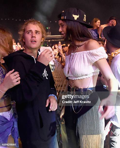 Singer Justin Bieber and model Kendall Jenner in the audience during day 2 of the 2015 Coachella Valley Music & Arts Festival at the Empire Polo Club...