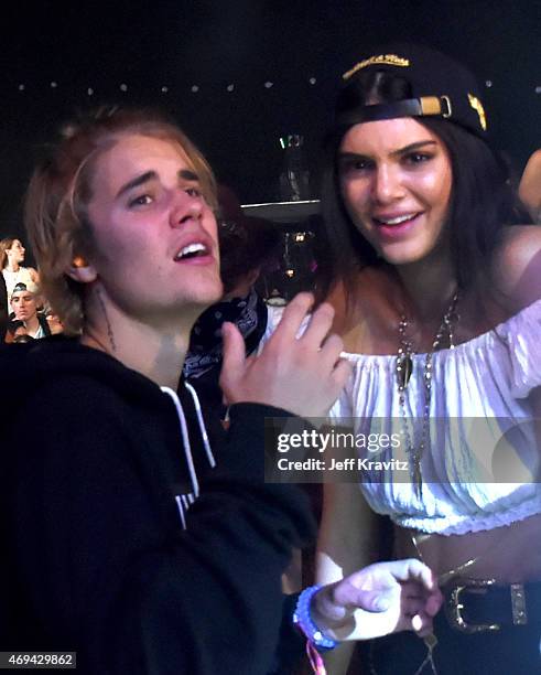 Singer Justin Bieber and model Kendall Jenner in the audience during day 2 of the 2015 Coachella Valley Music & Arts Festival at the Empire Polo Club...