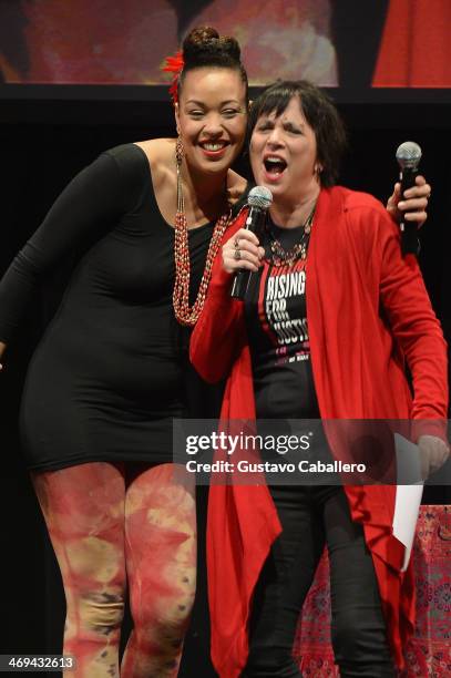 Singer Maya Azucena and playwright Eve Ensler speak onstage at the JUSTLOVE event as part of the global ONE BILLION RISING FOR JUSTICE campaign to...